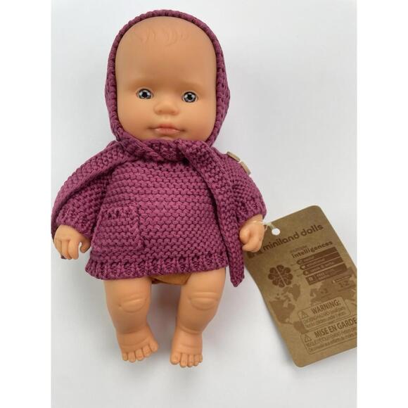 NWT Miniland Educational Caucasian Leo Boy Doll With Sweater & Bonnet New 8.25” - Picture 1 of 6